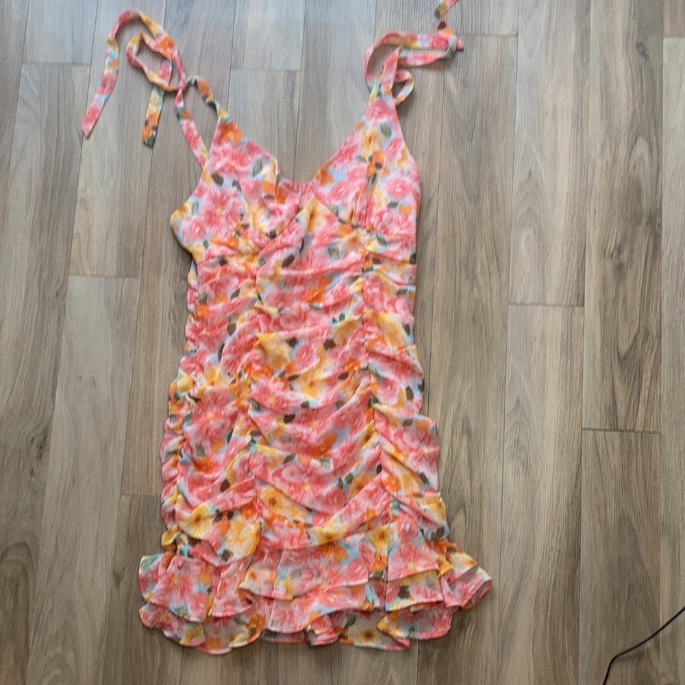Lily Rose tie straps floral print rouched dress w ruffle S XL jrs - Picture 8 of 17